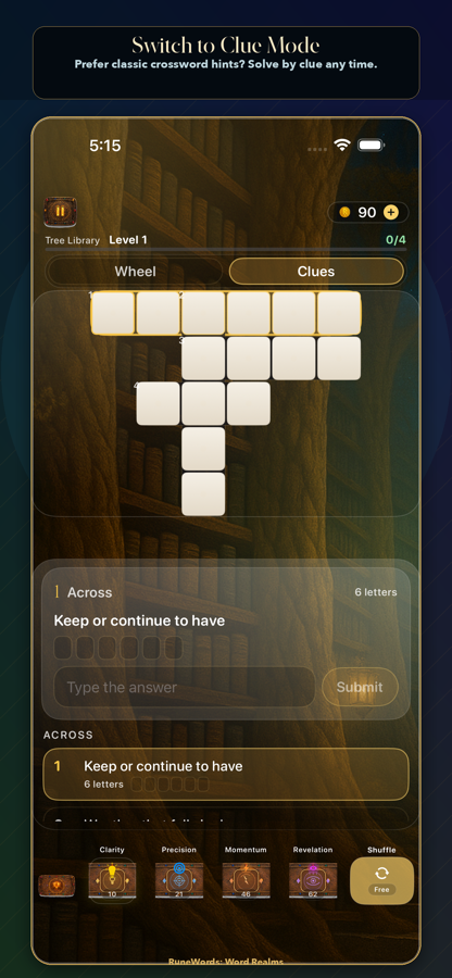 RuneWords clue mode showing numbered clues and answer entry.