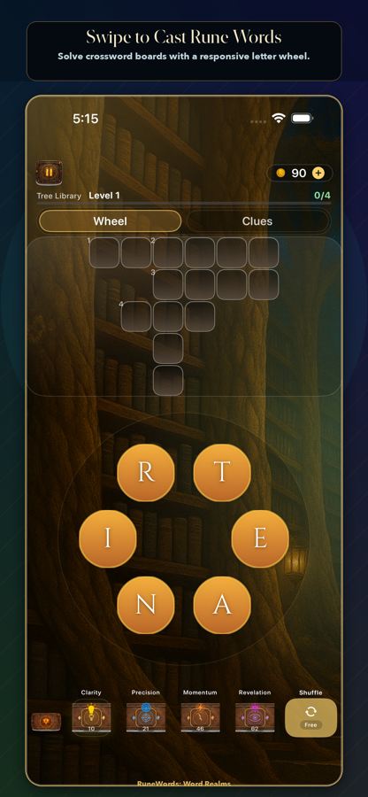 RuneWords wheel mode showing a crossword board and circular letter wheel.